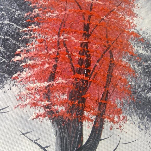 Oil Acrylic "Landscape of Trees" on Canvas Painting Shades of Gray and Red - Picture 5 of 15
